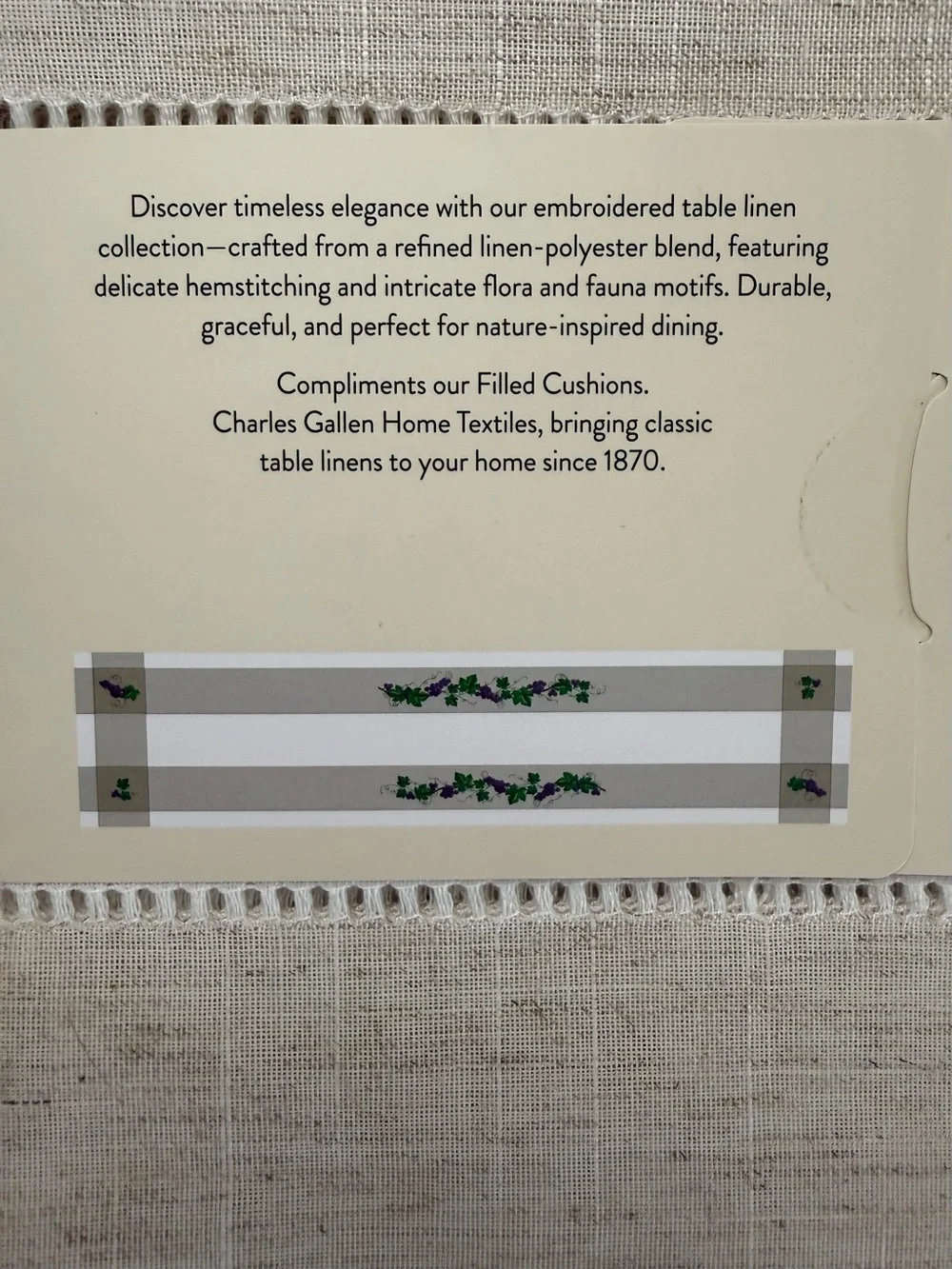 Charles Gallen Irish Textiles Table Runner with Grapes embroidered 14”x 90” NWT
